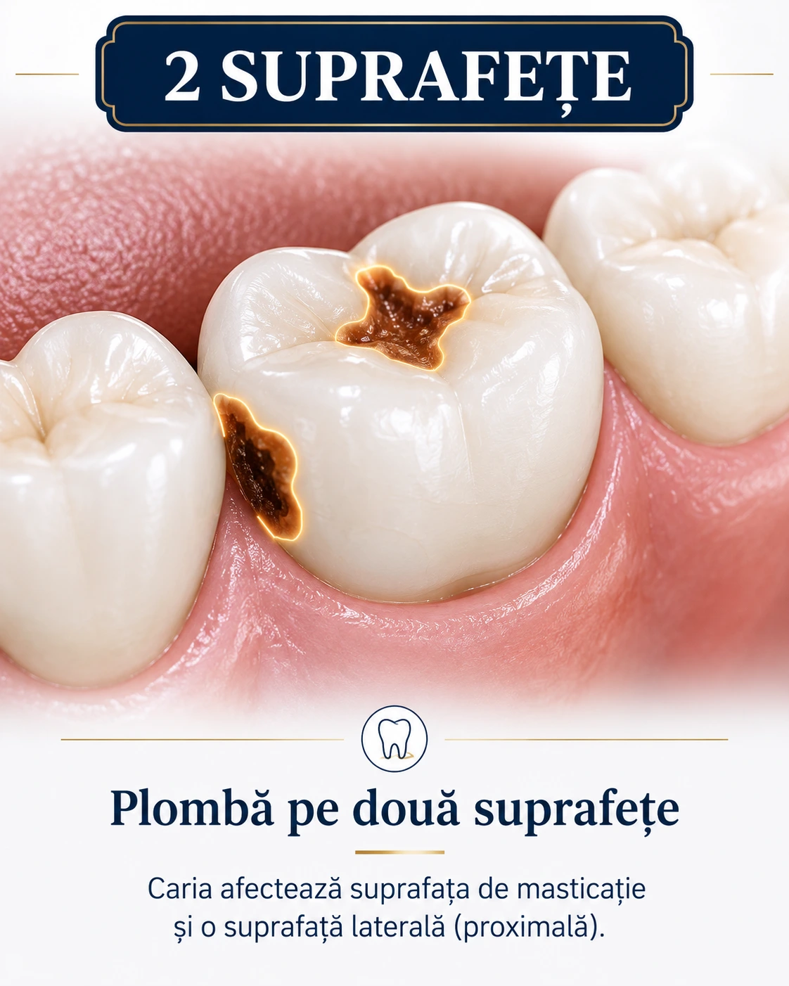 Plombă pe două suprafețe – carie care afectează suprafața de masticație și o suprafață laterală a dintelui