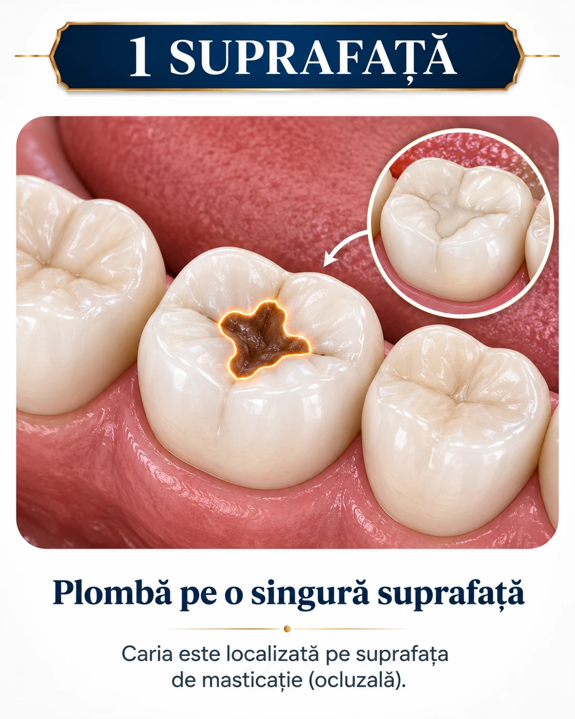 Plombă pe o singură suprafață – carie localizată pe suprafața de masticație a unui molar