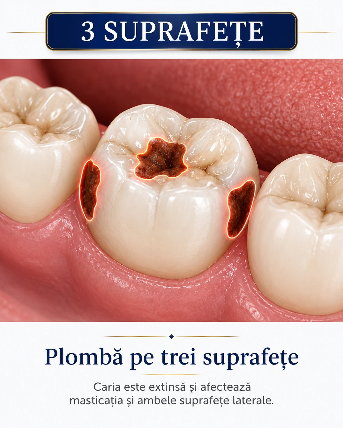 Plombă pe trei suprafețe – carie extinsă pe suprafața de masticație și pe ambele suprafețe laterale ale molarului