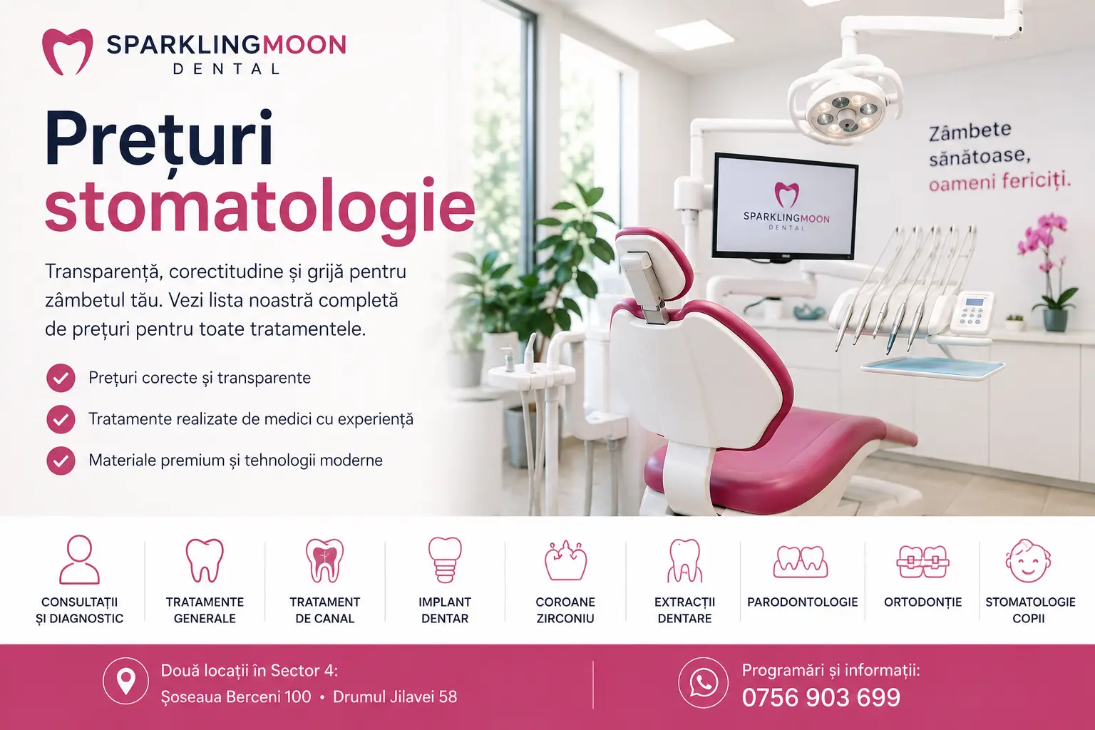 Listă de prețuri stomatologie Bucuresti - Sparklingmoon Dental, cu servicii precum urgențe stomatologice, tratament de canal, implant dentar, coroane zirconiu, parodontologie și igienizare profesională.