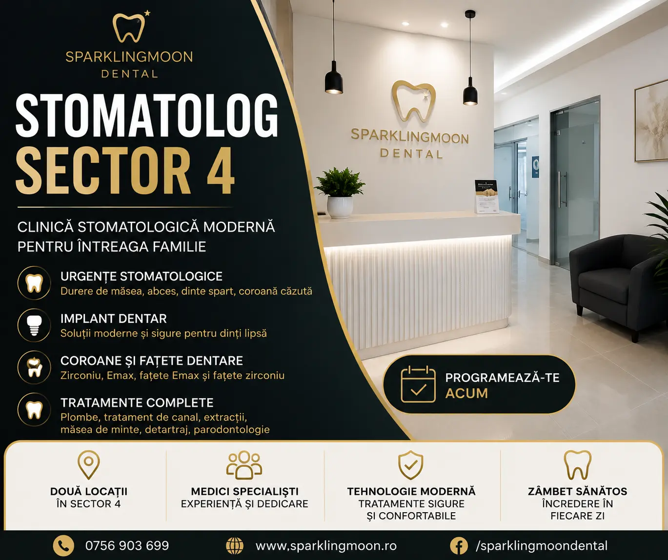 Stomatolog Sector 4 la Sparklingmoon Dental, clinică stomatologică pentru urgențe stomatologice, implant dentar, abces dentar, măsea de minte inclusă, coroane zirconiu și fațete dentare