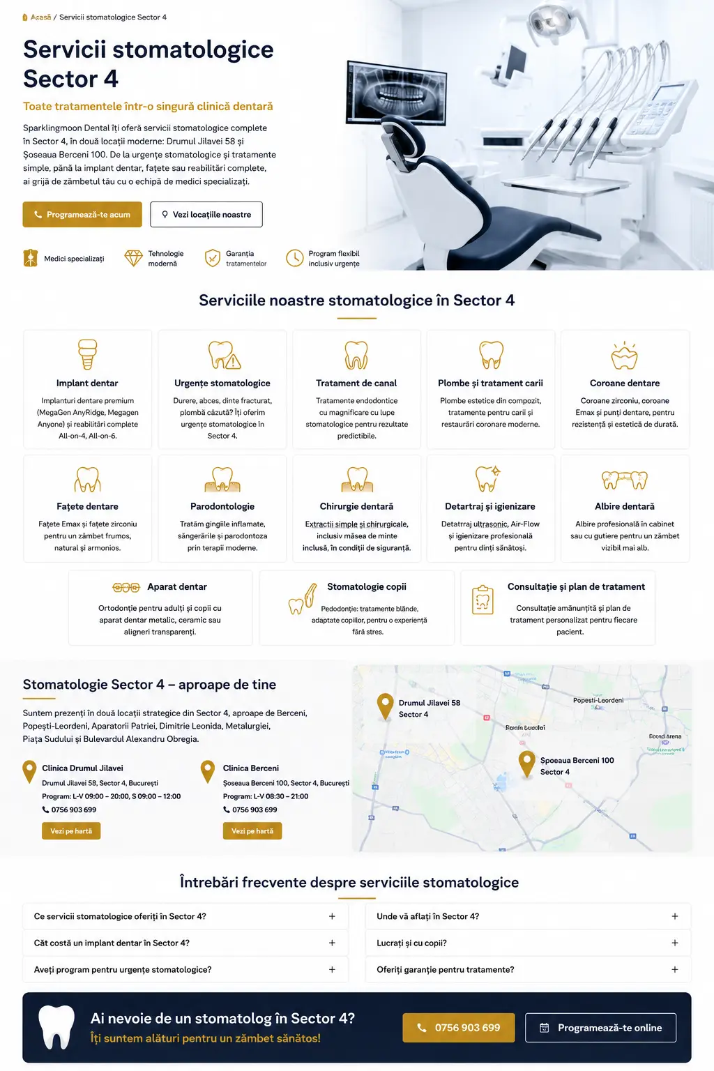 servicii stomatologice sector 4 oferite de sparklingmoon dental ca stomatologie cum sunt stomatolog, implant dentar, urgente stomatologice, fatete zirconiu, exctractie masea de minte
