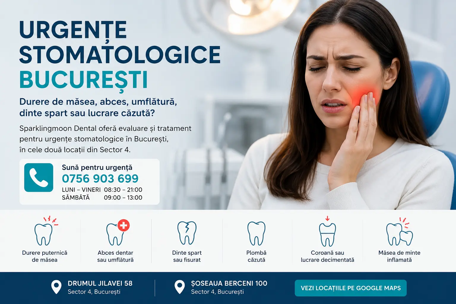 Urgențe stomatologice București pentru durere de măsea, abces dentar și dinte spart la Sparklingmoon Dental