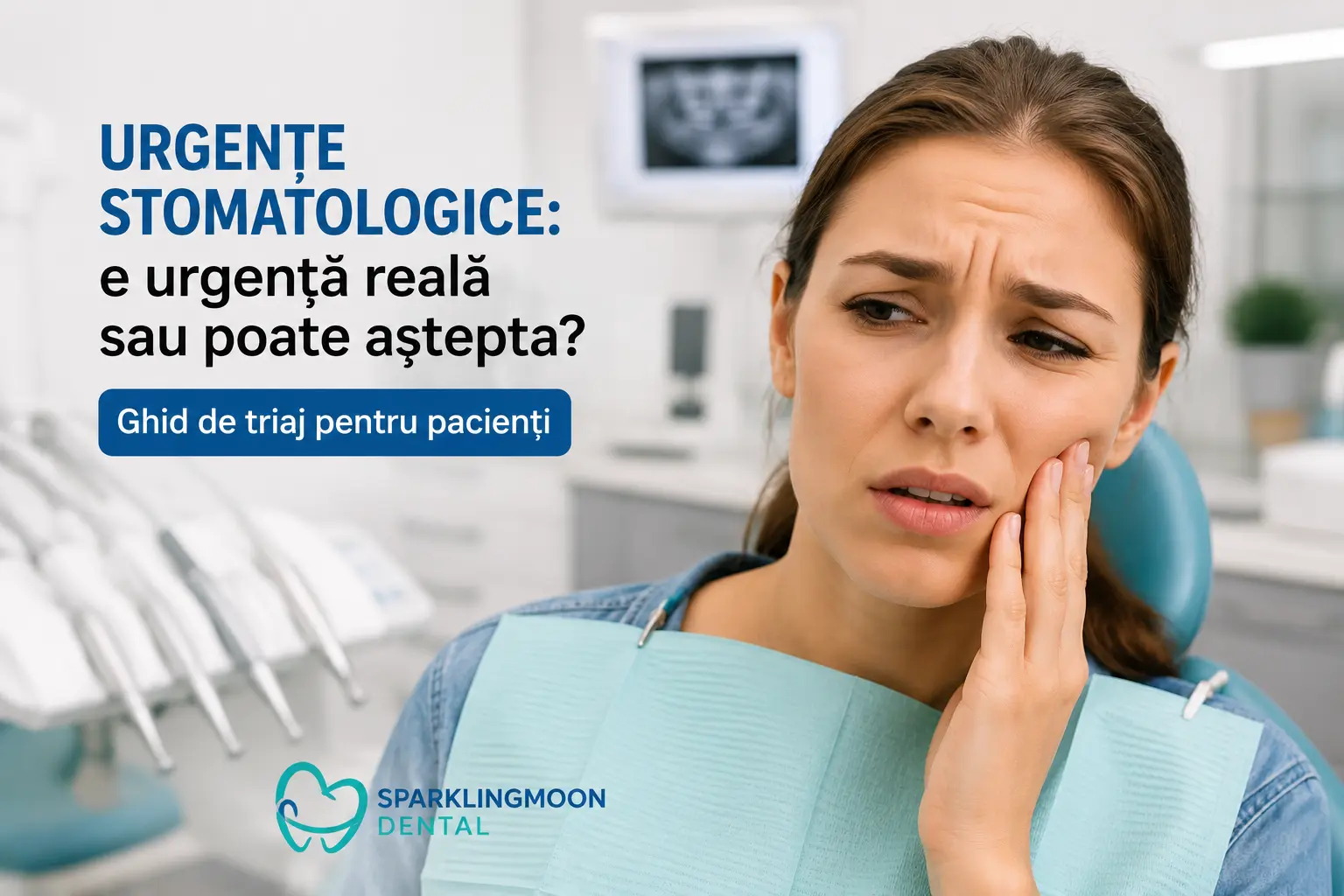 Urgențe stomatologice: pacientă cu durere de măsea într-un cabinet stomatologic, ghid de triaj pentru stomatolog